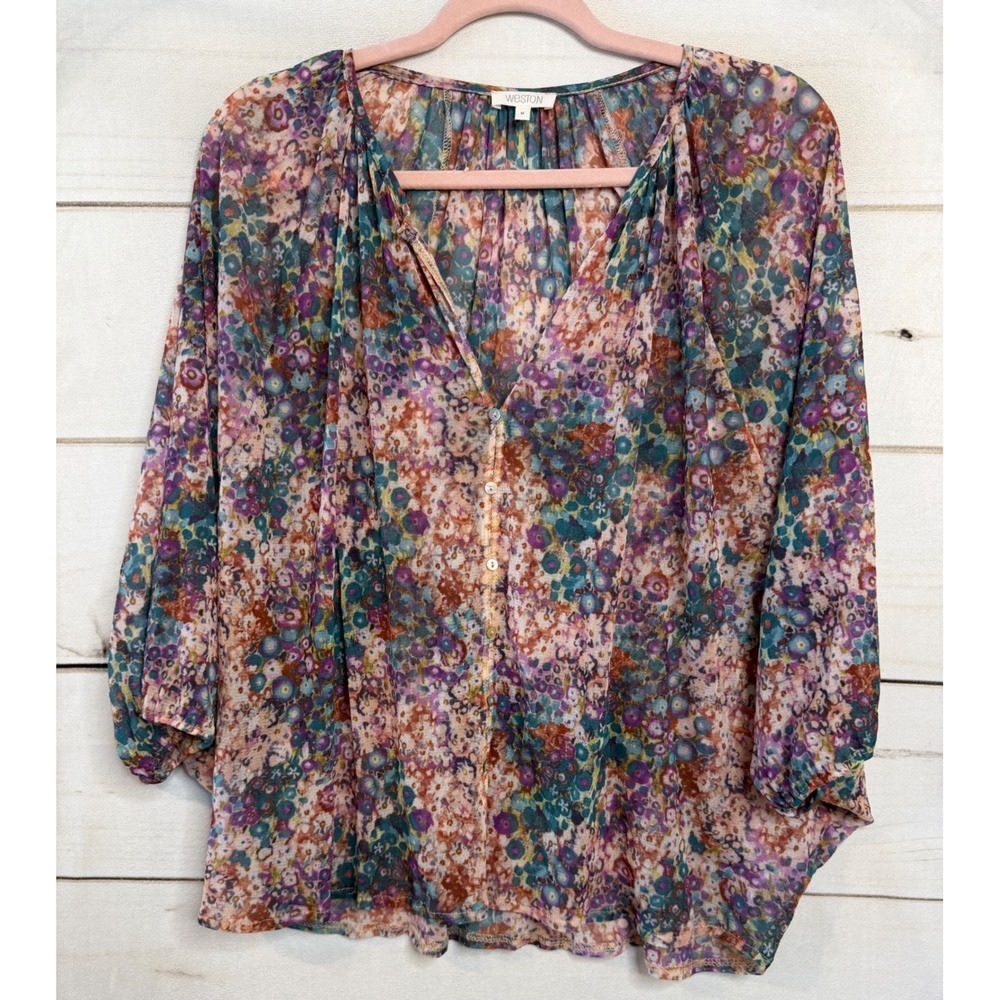 Weston Womens Multi‎ Color Floral Mesh Sheer V-Neck Button Front Blouse Size M